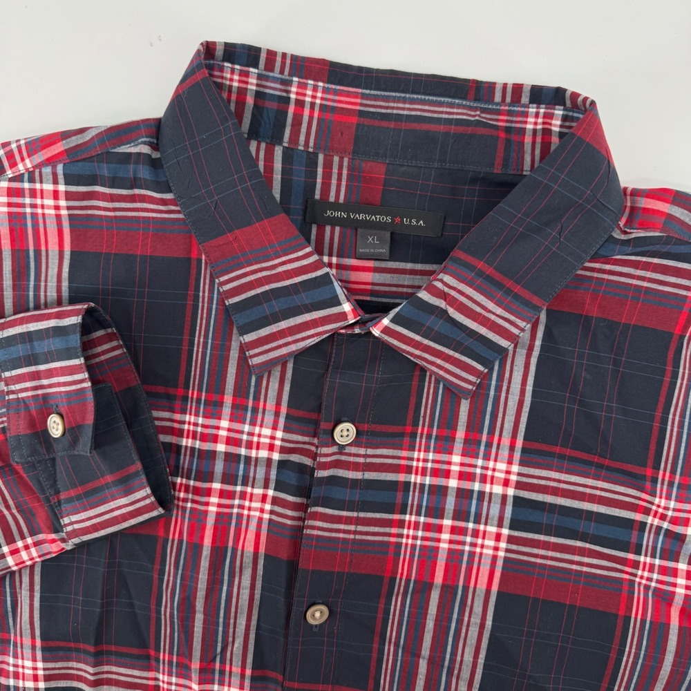 John Varvatos Button Down Shirt Men XL Red Navy Plaid Cotton W503R4B Long Sleeve